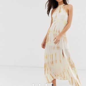 Stradivarius Dress Yellow Brown Ivory Rayon Halter Maxi NWT Sz. S